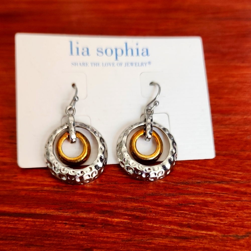 Lia Sophia Two-Tone Hammered Circle Drop Earrings
